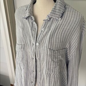 On Blue Soft Striped Button Down  Raw Hem Shirt Size Medium